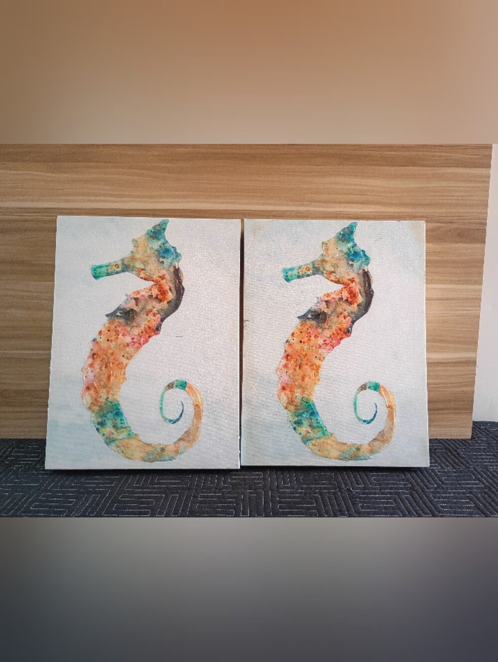 Set of 2 Seahorse Canvas Prints - Aqua & Coral